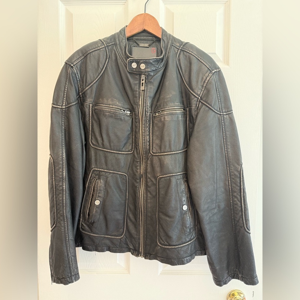 Guess men's dark brown vintage leather biker jacket